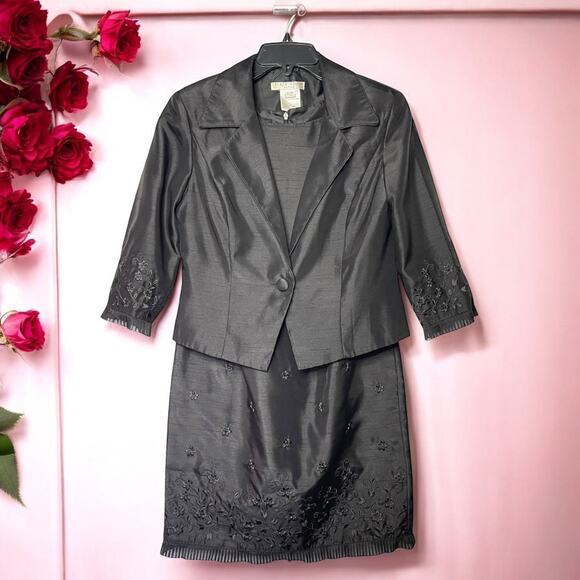 Plaza South Sheath Dress Jacket Mother of Bride Black Embroidered Rhinestone 6P - Picture 1 of 8